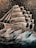 A black and white illustration of a pirate ship sailing through stormy seas.