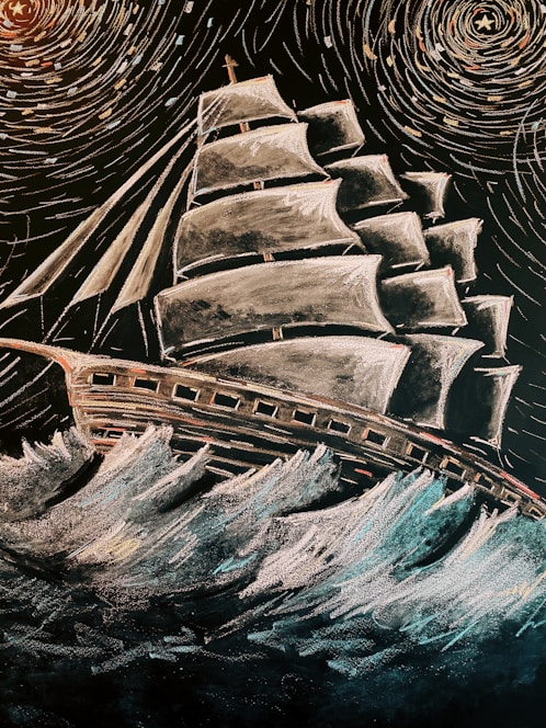 A dramatic illustration of a young warrior standing on the prow of a Chola ship, waves crashing beneath a stormy sky.