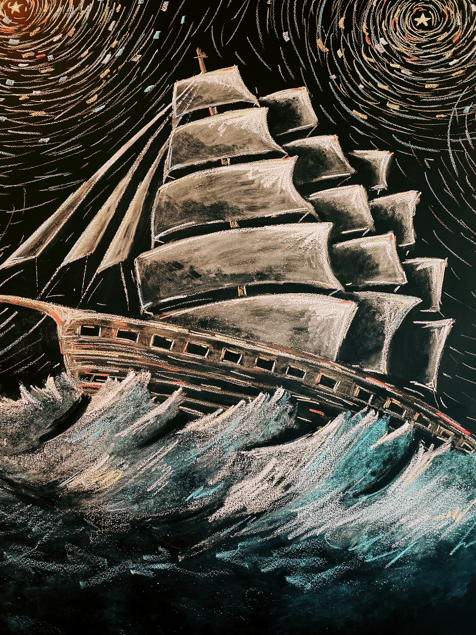 A detailed painting of a majestic tall ship sailing through stormy seas under a dramatic sky.