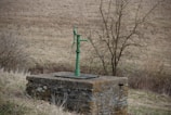 A vintage green hand water pump is mounted on a stone platform in an open field. The landscape is grassy with patches of dry grass and a few bare trees in the background, suggesting a rural setting. The weather appears overcast, giving a muted tone to the surroundings.
