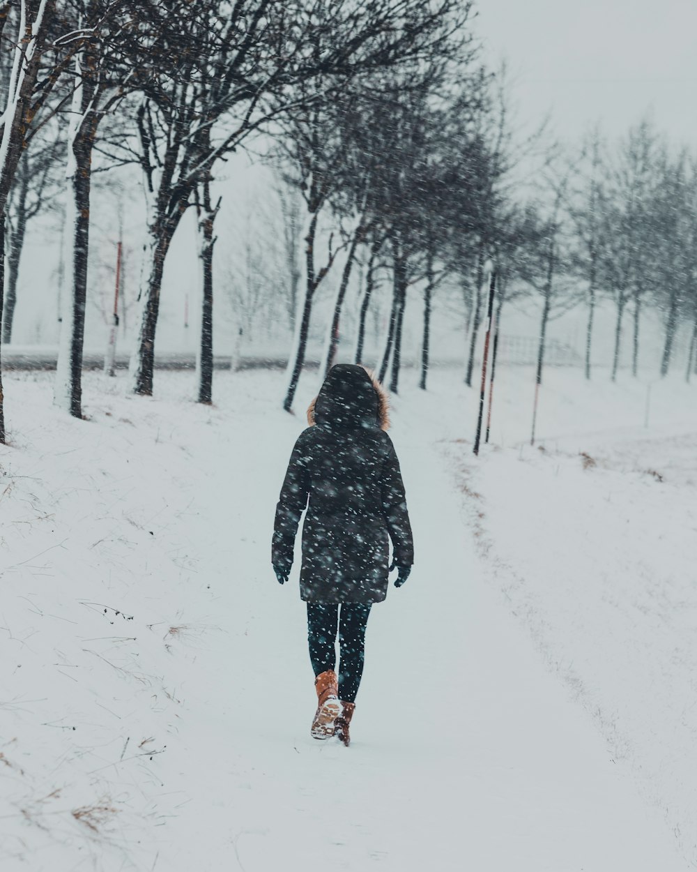 woman in black coat standing on snow covered ground during daytime