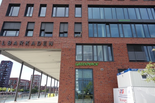 A brick building with large windows features the word 'Greenpeace' in green letters. The building is situated near a waterfront, with other modern buildings visible in the background. There is a white container in the foreground with some text and a tree to the right.