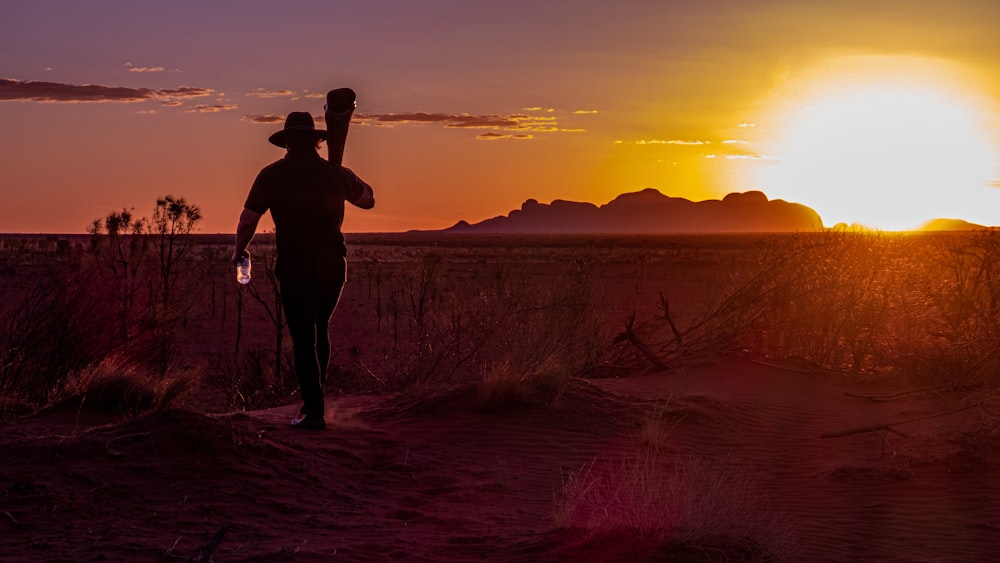 silhouette of man standing on grass field during sunset