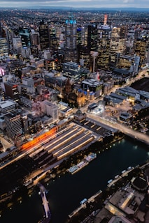aerial view of city buildings during night time