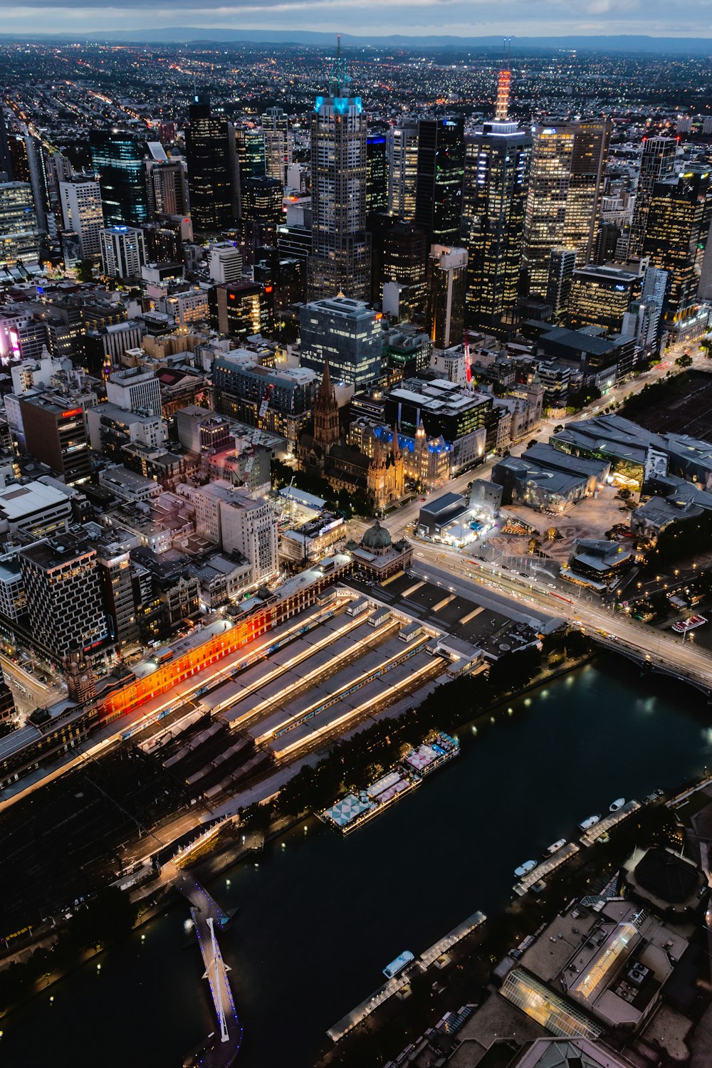 aerial view of city buildings during night time