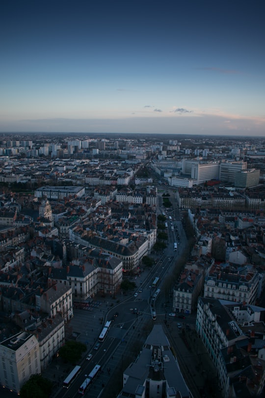 aerial view of city buildings during night time in Nantes France