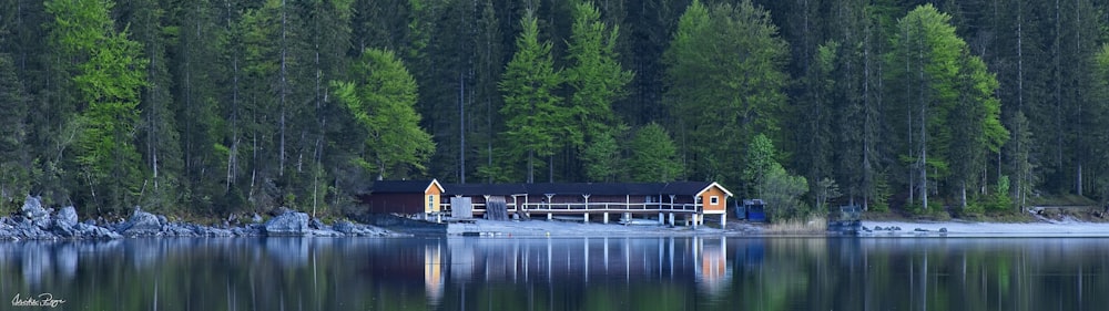 Casa di legno marrone vicino al lago e agli alberi verdi durante il giorno