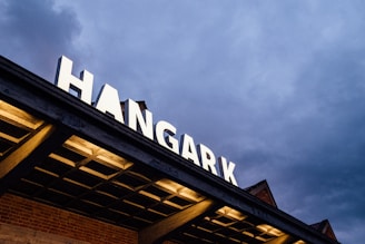 Detail of the hangar's modern architecture.