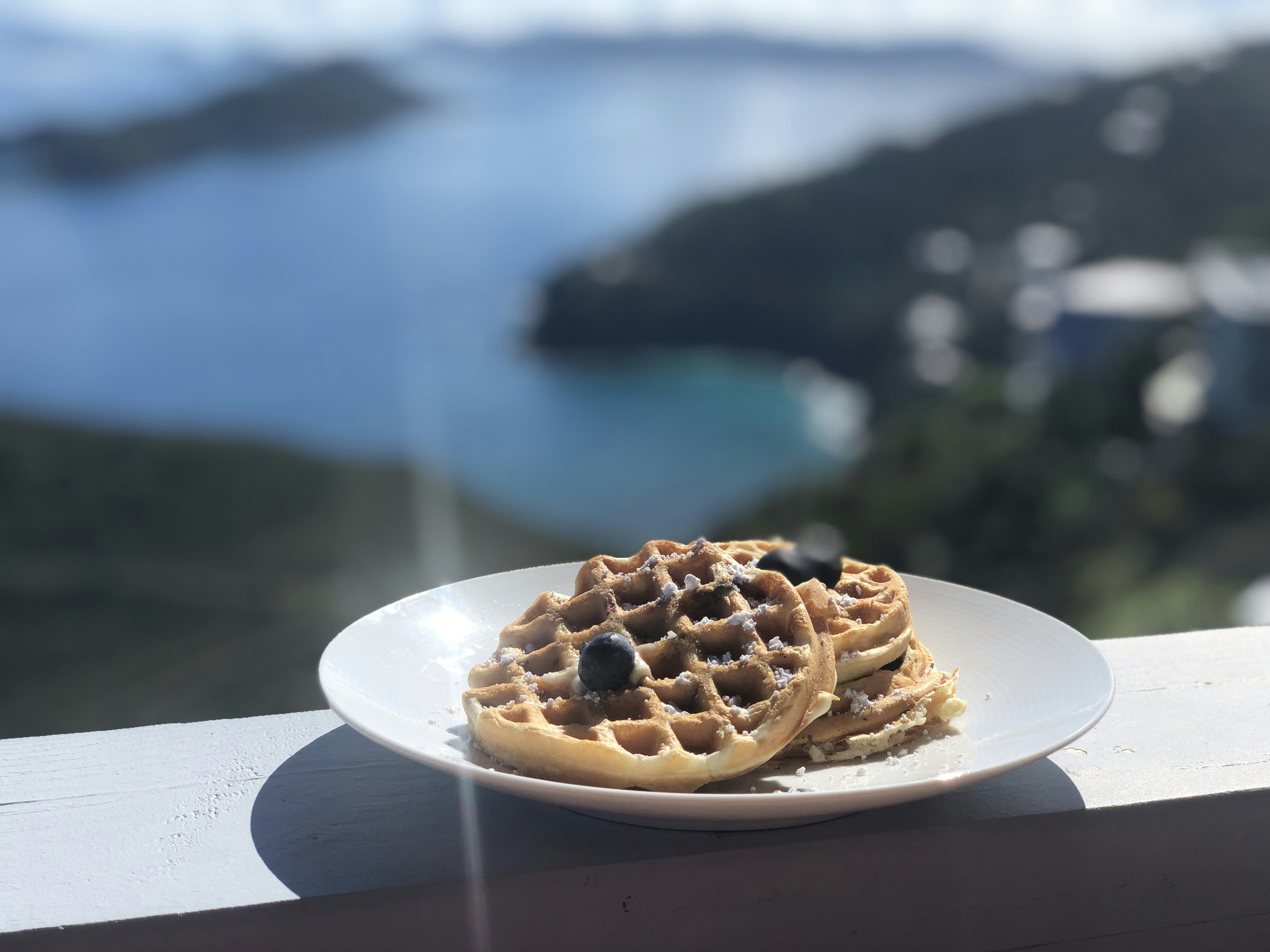 Waffle on a plate overlooking the water