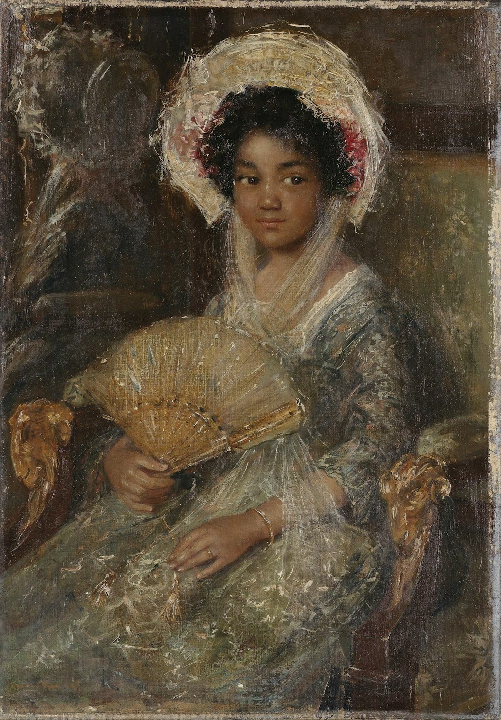 mulher na pintura do vestido marrom e branco