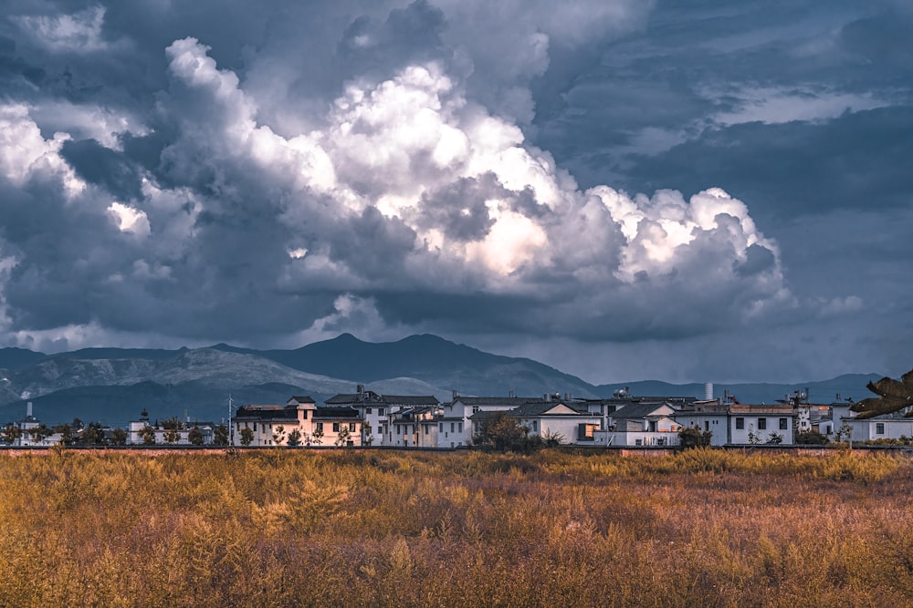 white and brown houses under white clouds and blue sky during daytime