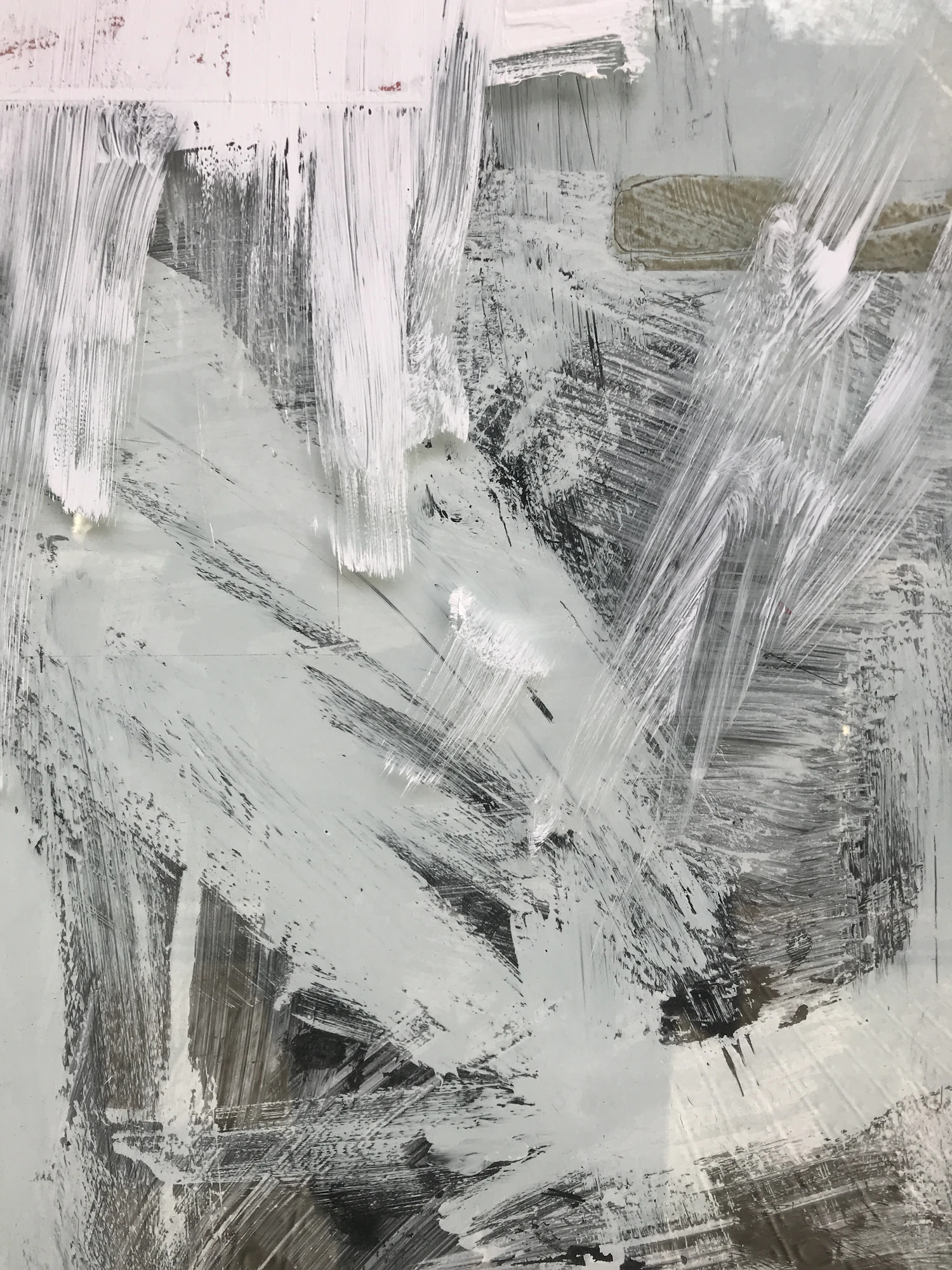Grey and white scraped painting, very quiet in tone