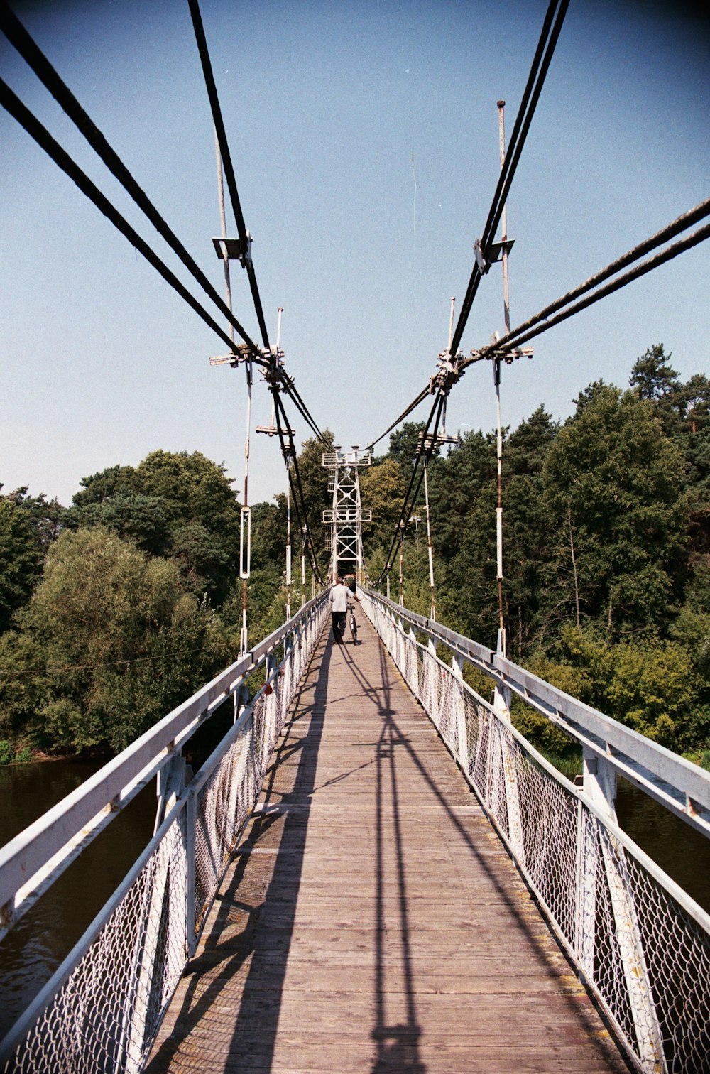 brown wooden bridge over green trees during daytime