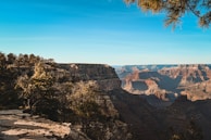 A vast and dramatic landscape featuring the Grand Canyon with its layered bands of red rock cliffs. The foreground includes some pine trees on the edge of the canyon, and the sky above is clear with a few clouds.