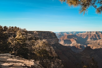 A vast and dramatic landscape featuring the Grand Canyon with its layered bands of red rock cliffs. The foreground includes some pine trees on the edge of the canyon, and the sky above is clear with a few clouds.