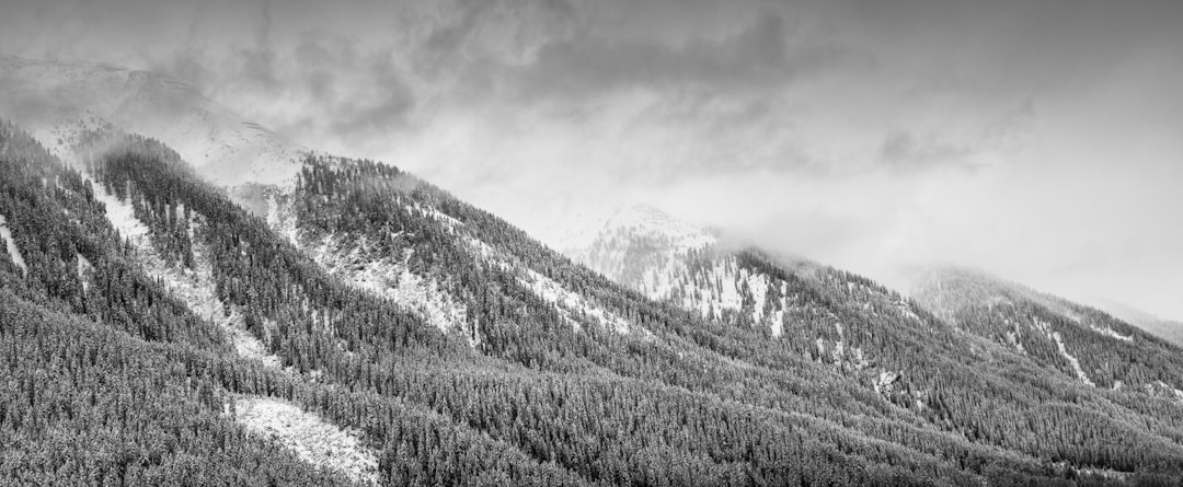 grayscale photo of mountain range