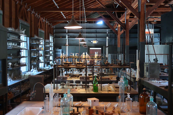 Borosilicate laboratory glassware on a bench