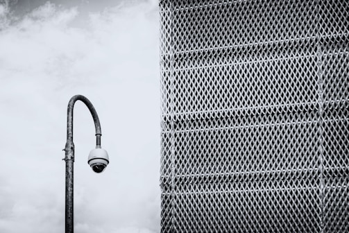 A security camera mounted on a tall, curved pole is positioned in front of a large metal mesh structure. The background features a cloudy sky, and the scene is rendered in black and white, giving it a stark, industrial feel.