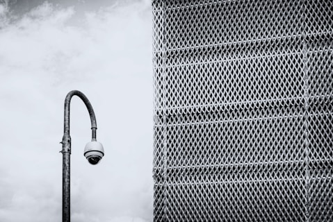 A security camera mounted on a tall, curved pole is positioned in front of a large metal mesh structure. The background features a cloudy sky, and the scene is rendered in black and white, giving it a stark, industrial feel.