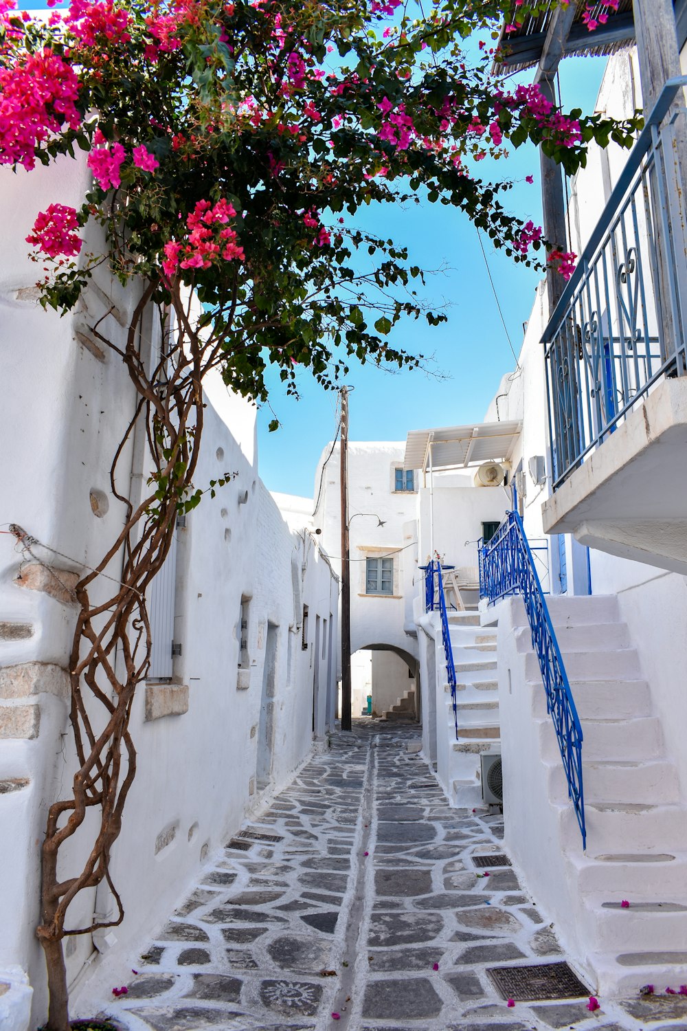 white concrete building with blue metal railings