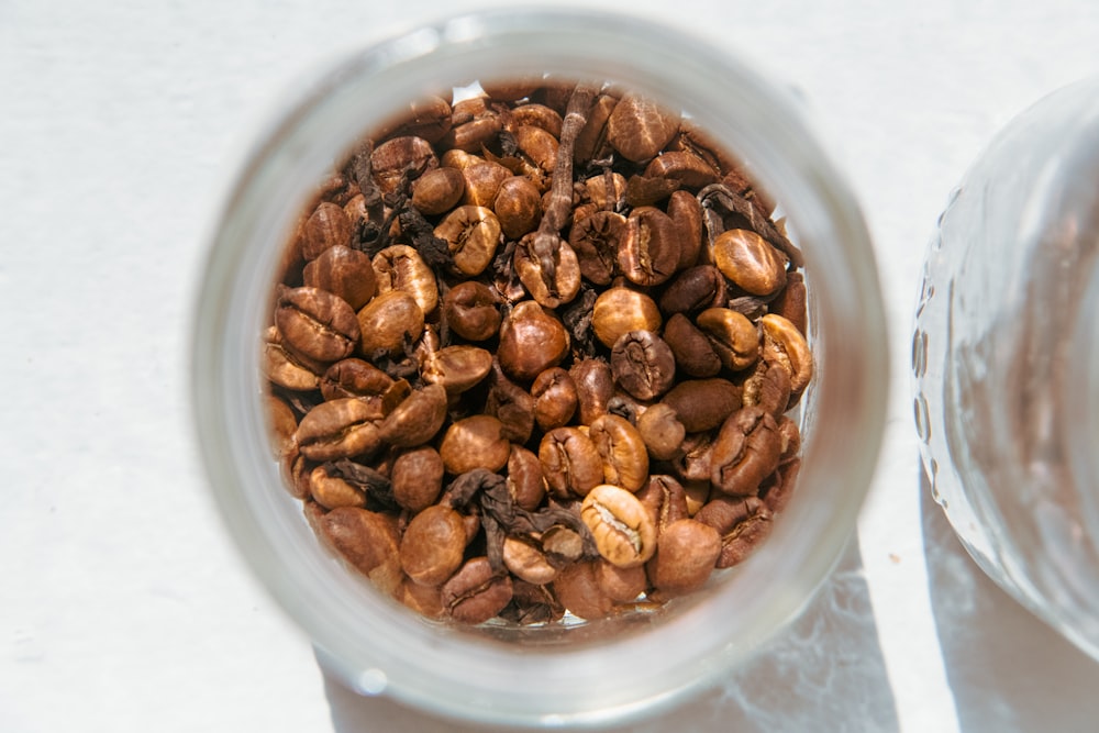 grains de café bruns dans un récipient en verre transparent