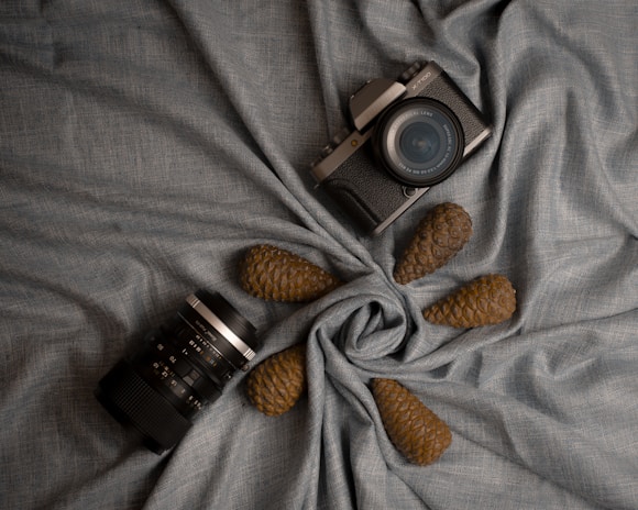 A vintage-style camera and a camera lens are artfully arranged on a textured gray fabric with three decorative pine cones placed around them. The fabric is gathered at the center to create a visually pleasing display.