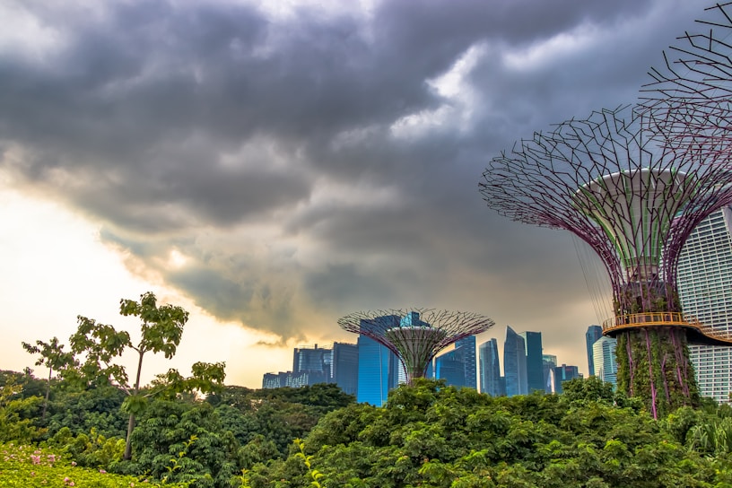 A landscape featuring the futuristic architecture of Supertree Grove set against a backdrop of stormy clouds. Lush green vegetation surrounds the towering structures, while modern skyscrapers in the distance enhance the urban feel.
