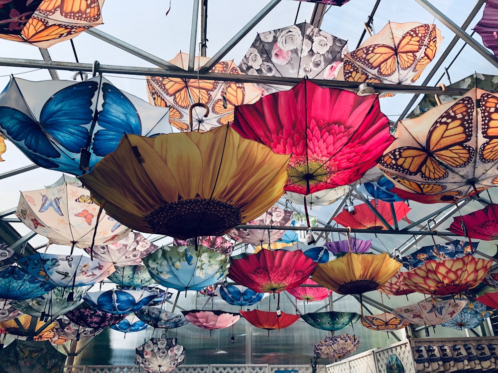 assorted color umbrellas hanging on metal frame during daytime