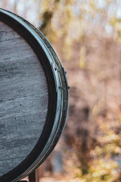 Close-up of a vintage wine barrel with rich wood textures and soft ambient lighting.
