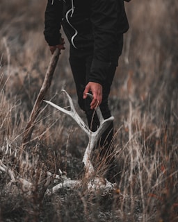 person in black jacket holding brown wooden stick