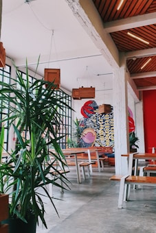 A modern indoor café with wooden tables and benches, surrounded by large green plants. The space features white walls and industrial style elements, such as exposed beams and hanging box lights. A large colorful mural with abstract shapes and bright colors decorates the far wall, adding vibrancy to the room.