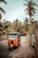 An orange auto-rickshaw is parked on a rural road lined with tall palm trees and a wooden fence. The road appears isolated and the atmosphere is calm, with the sky overcast.