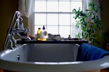 A bathroom scene with a white, classic freestanding bathtub in the foreground. On the edge of the tub rests a blue towel. A bathtub caddy holds various items, including two bottles of bath products, a folded towel, and a decorative object resembling a small duck. In the background, a large window lets in natural light, framed by sheer curtains. To the right of the window is a leafy green plant, adding a touch of nature to the setting.