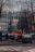 Several construction workers in orange and black uniforms are standing at the edge of a street near a row of parked cars. Leafless trees and a classic multi-story building form the backdrop. A pedestrian with a dog walks on the sidewalk.