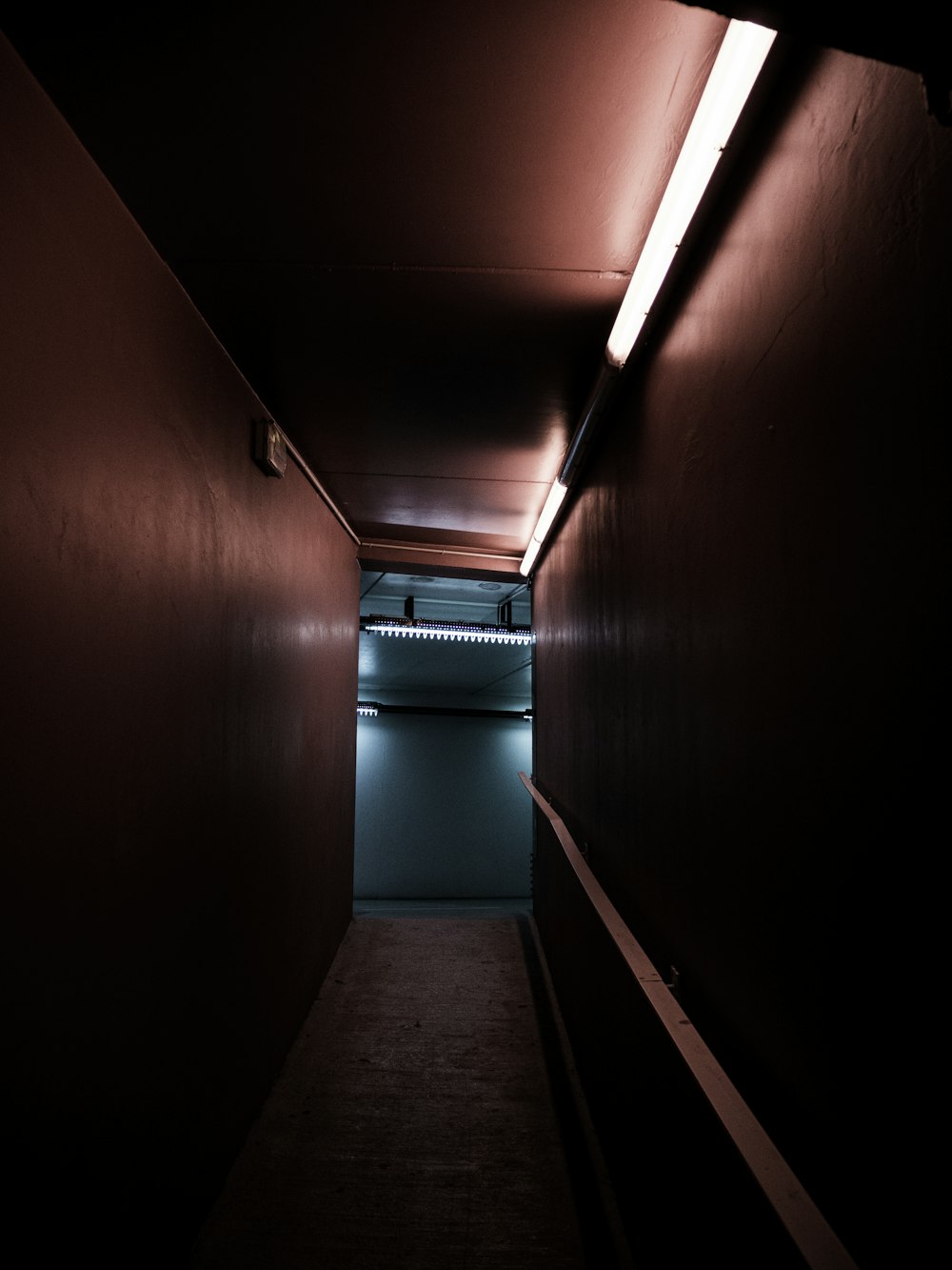 brown wooden hallway with blue wooden doors