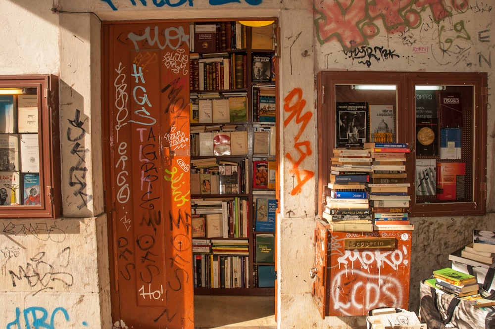 books on brown wooden shelf