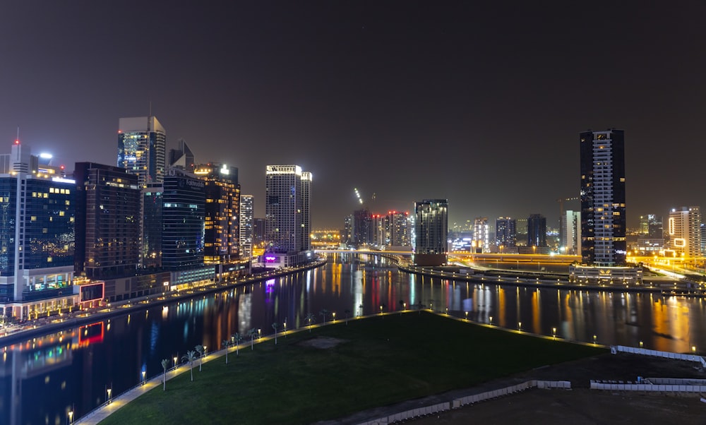 city skyline during night time