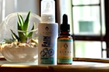 A bottle of CBD Pain Freeze spray and a dropper bottle of CBD Vanilla oil are placed on a wooden surface. Next to them is a small glass planter with a succulent, filled with pebbles and sand. The background features a softly blurred window, suggesting natural light entering the room.