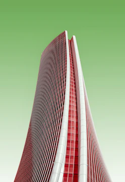 3D elevation rendering of a contemporary building with smooth curves and green accents.