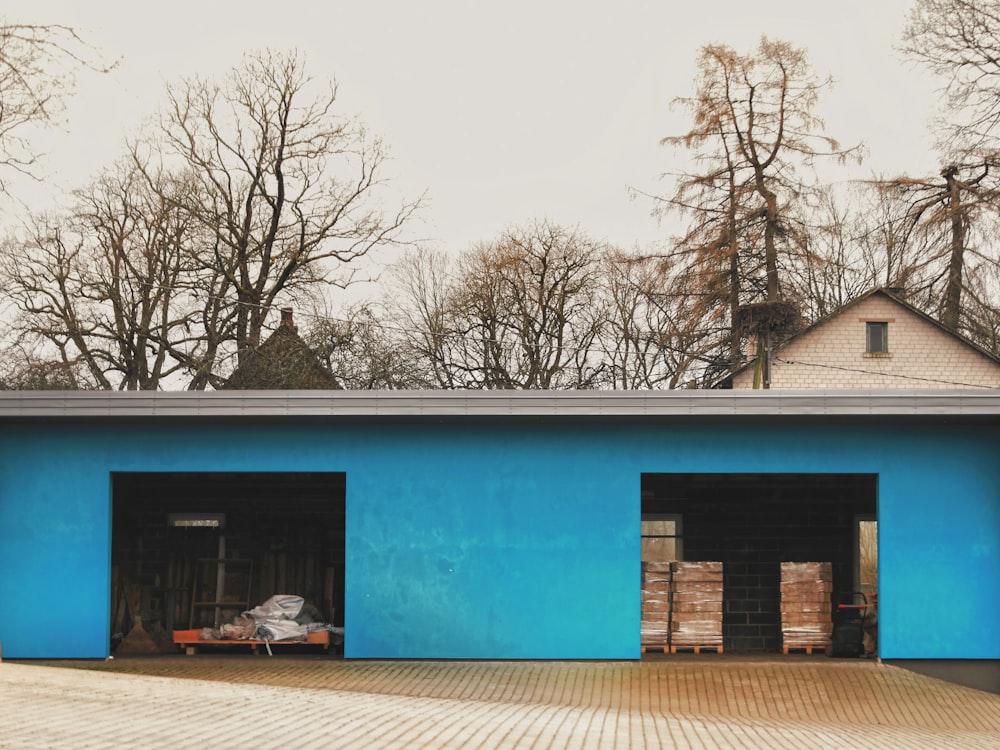 blue and white concrete building near bare trees during daytime