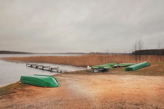 green and white boats on brown sand under gray sky in Limbaži Parish Latvia