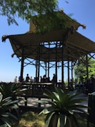 Community members sharing memories under a shaded pavilion.