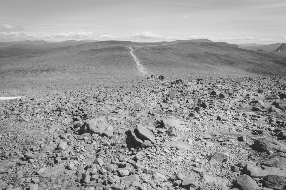 grayscale photo of rocky mountain