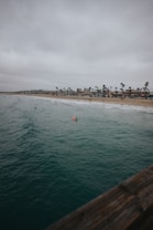 A coastal scene features a wide expanse of ocean under a cloudy sky, with a surfer on a red surfboard in the water. The shoreline has a sandy beach lined with palm trees and buildings in the background.