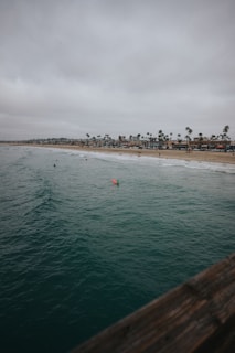 A coastal scene features a wide expanse of ocean under a cloudy sky, with a surfer on a red surfboard in the water. The shoreline has a sandy beach lined with palm trees and buildings in the background.