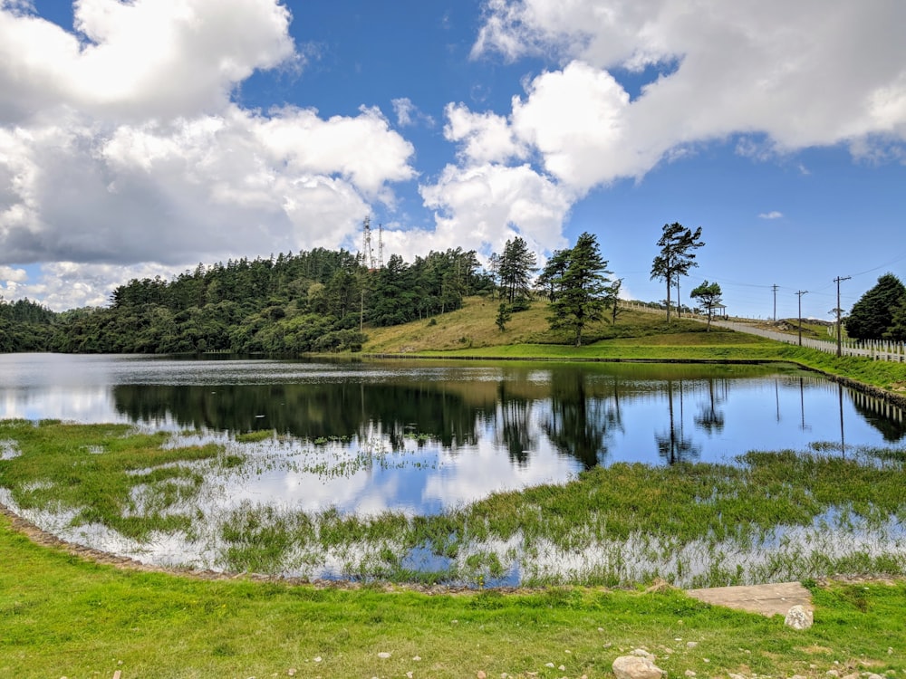 green grass field near lake under blue sky and white clouds during daytime