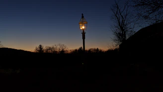 Solar-powered lamp posts brightening a peaceful village courtyard under a starry sky.