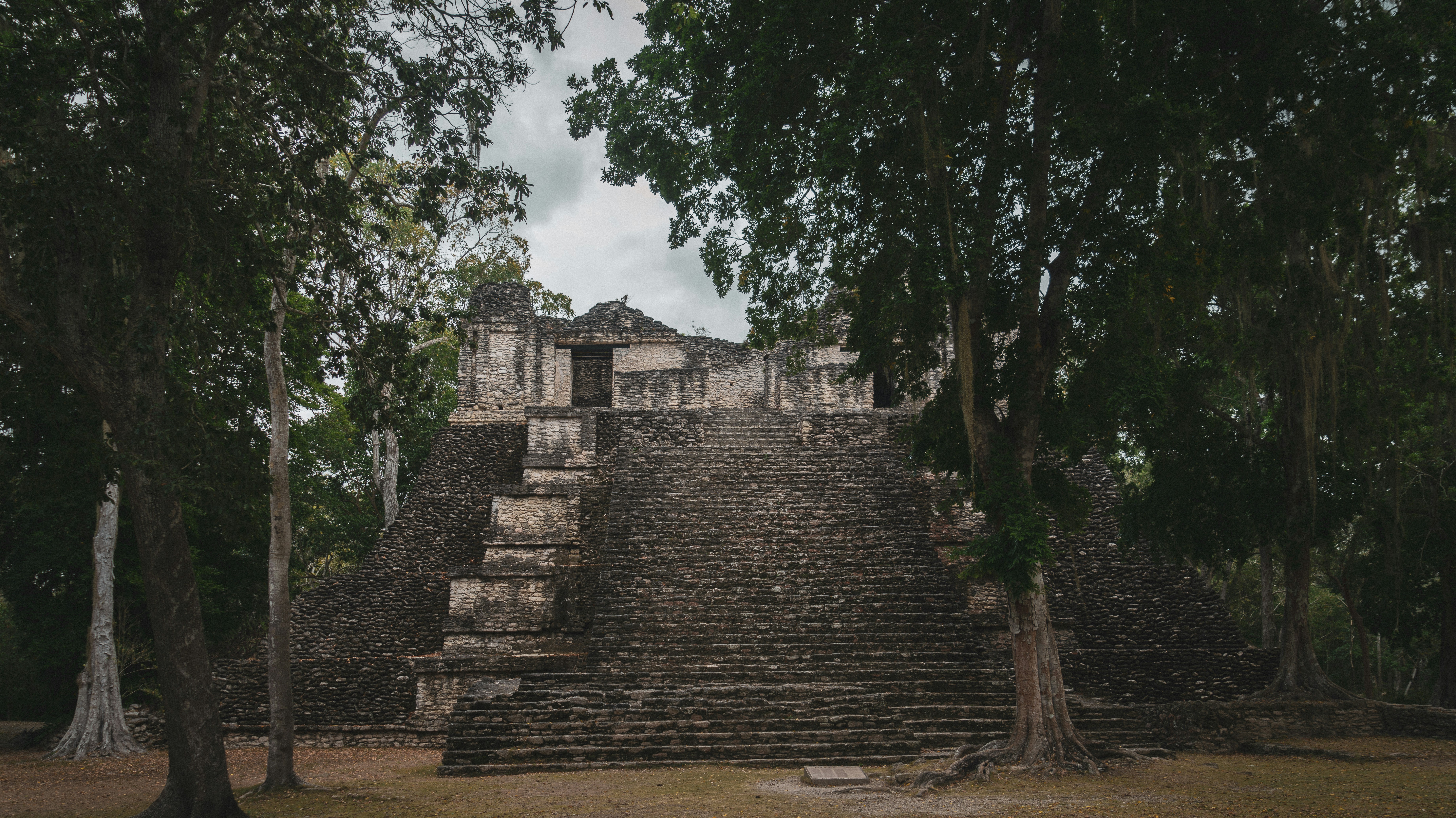 brown brick wall near green trees under white clouds during daytime mayan pyramid teams background