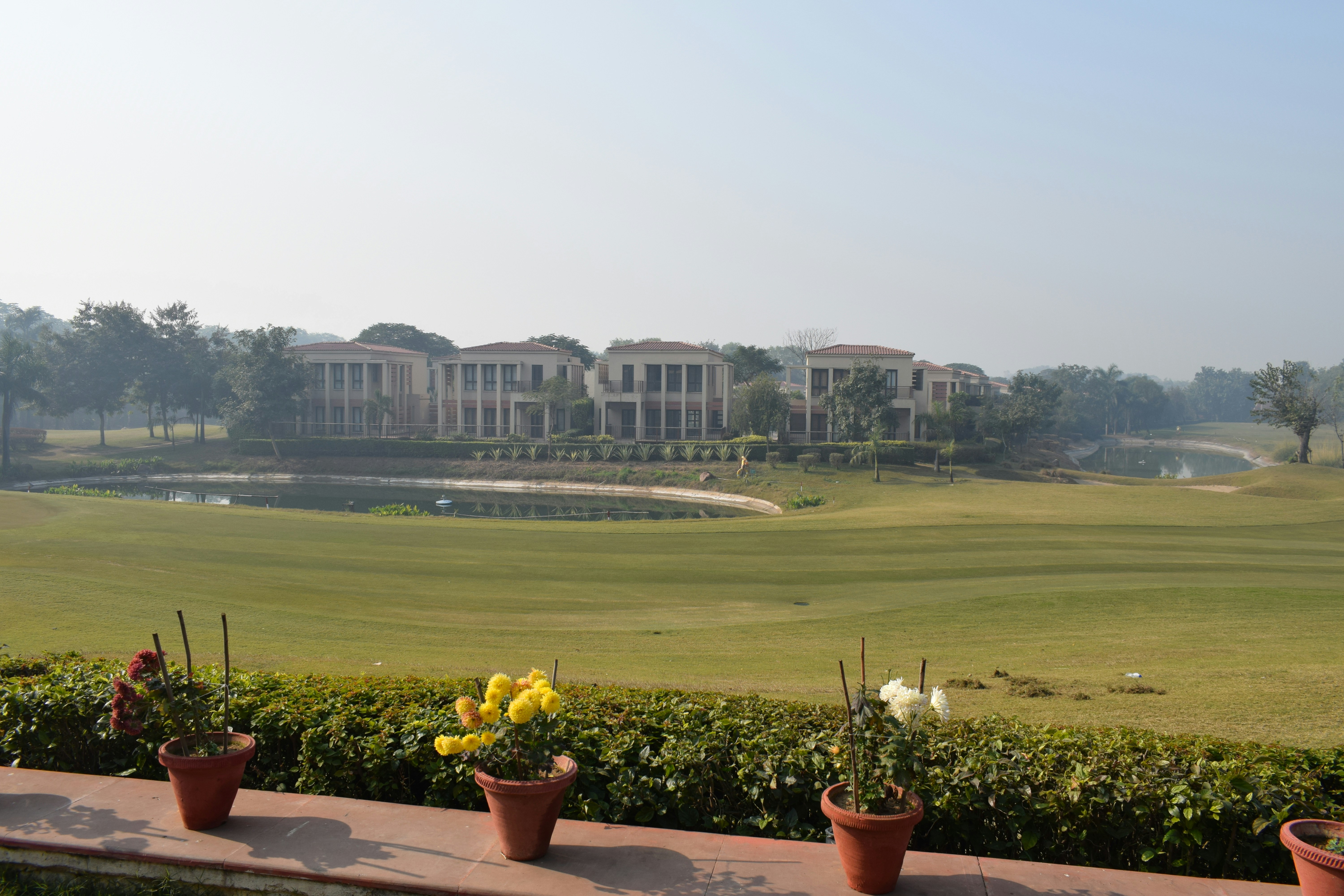 Row of newly built modern villas with landscaping