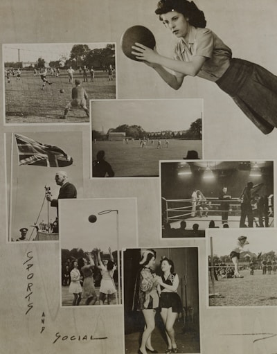 A vibrant sports-themed collage featuring various games and activities.